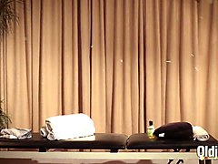 Old man gets oil massage from two beautiful teen girls