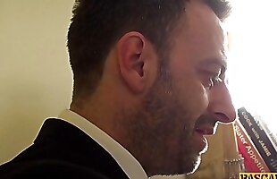 Subslut Montse Swinger gags on cock before rough anal fuck